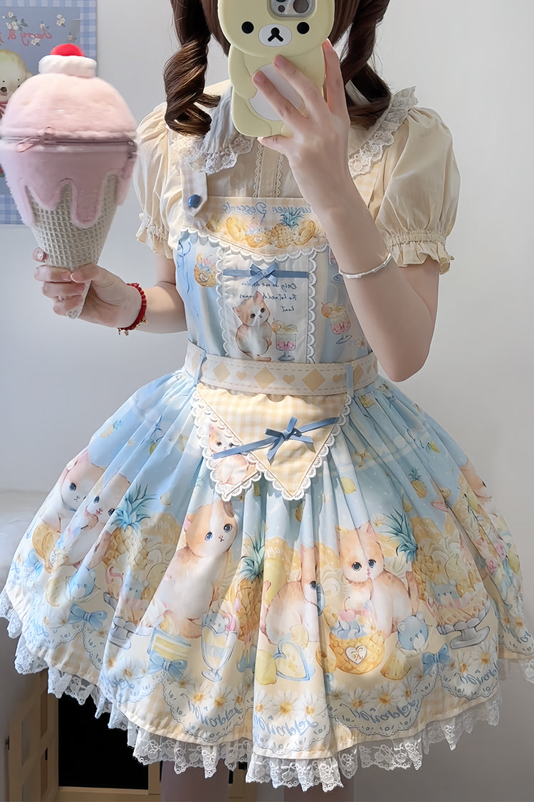 Blue [Pineapple Cat] Print Sleeveless Bowknot Lace Sweet Lolita Strap Dress