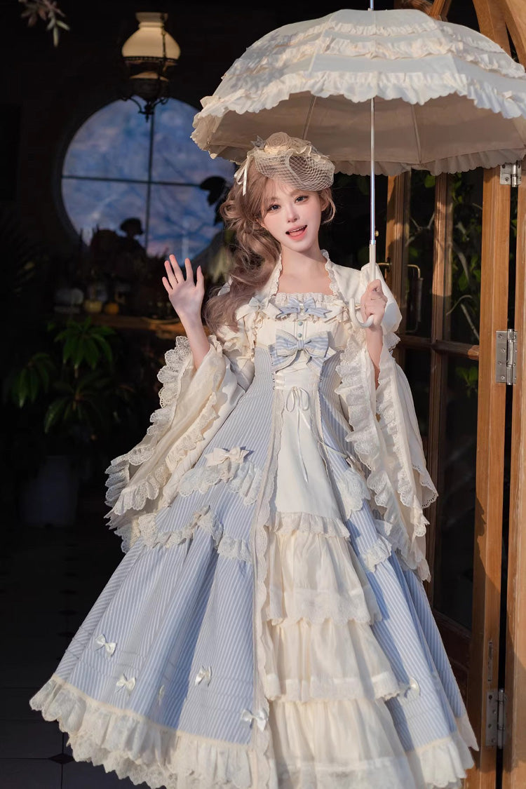 Blue [Letter Paper] Sleeveless Double-Layered Printed Ruffled Open-Front Bow Lace-Up Sweet Lolita Jsk Dress (Long Version)