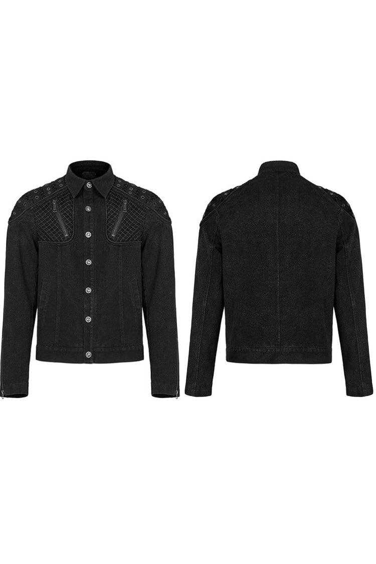 Black Punk Washed Aged Texture Rough Grain Splicing Mesh Metal Buttonholes Zipper Trim Long Sleeve Men's Coat