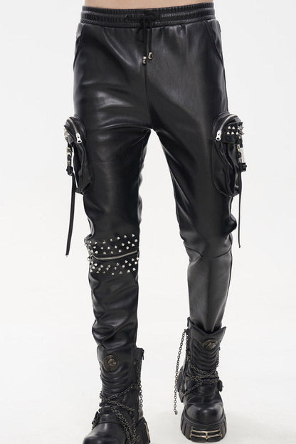 Black Punk Leather Metal Rivets Zipper Stereoscopic Side Pockets Men's Pants