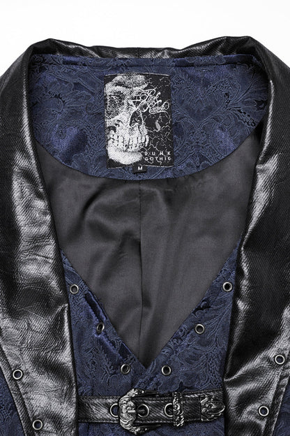 Black/Blue Lapel V-neck Sleeveless Jacquard Buckle Men's Gothic Vest