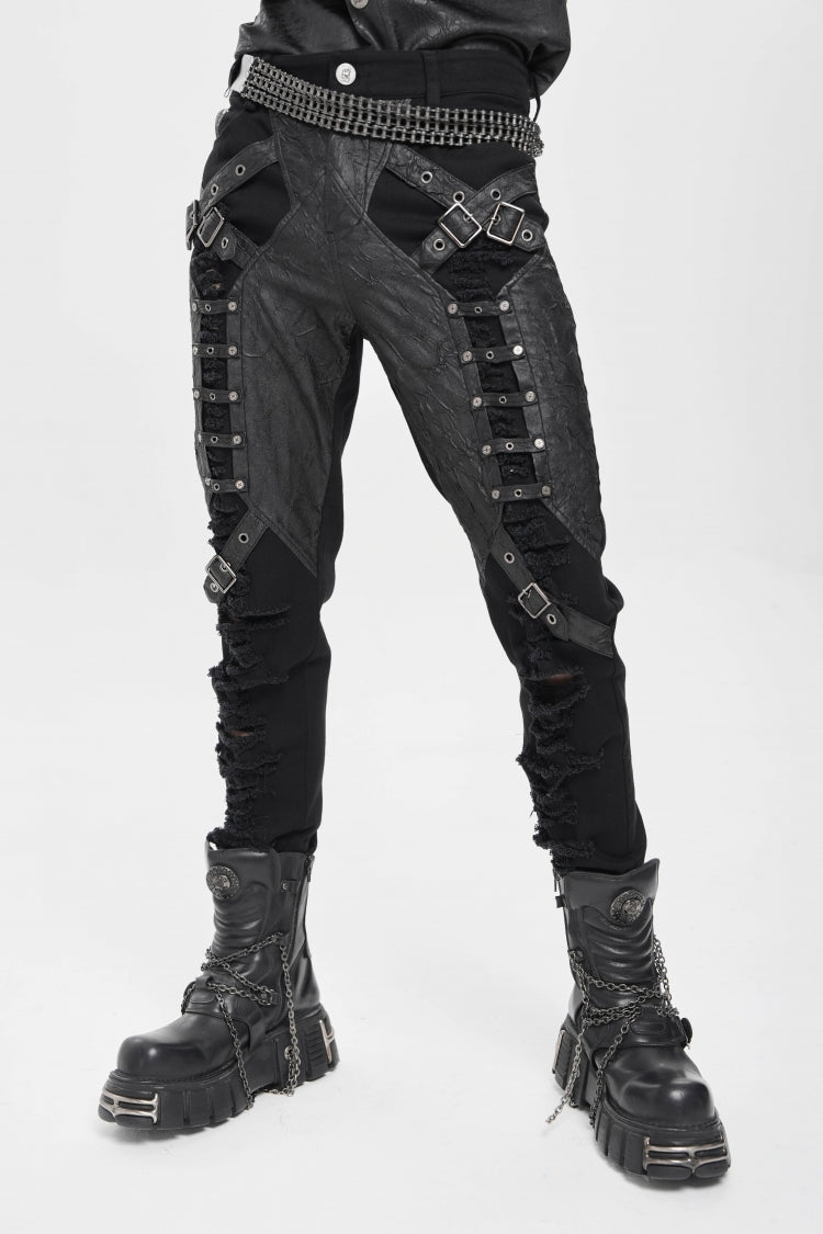 Black Ripped Buckle Straps Men's Punk Pants