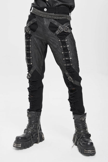 Black Ripped Buckle Straps Men's Punk Pants
