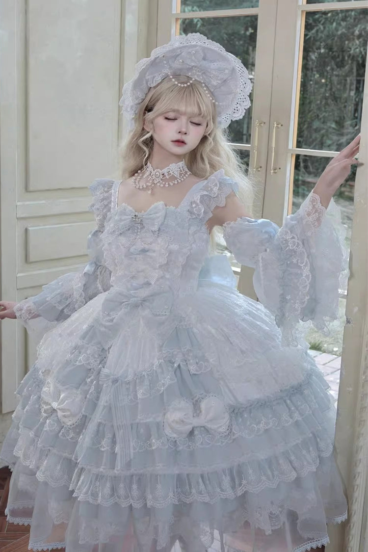 Blue [Prelude of Spring] Sleeveless Multi-Layered Ruffled Bow Lace Sweet Princess Lolita Jsk Dress