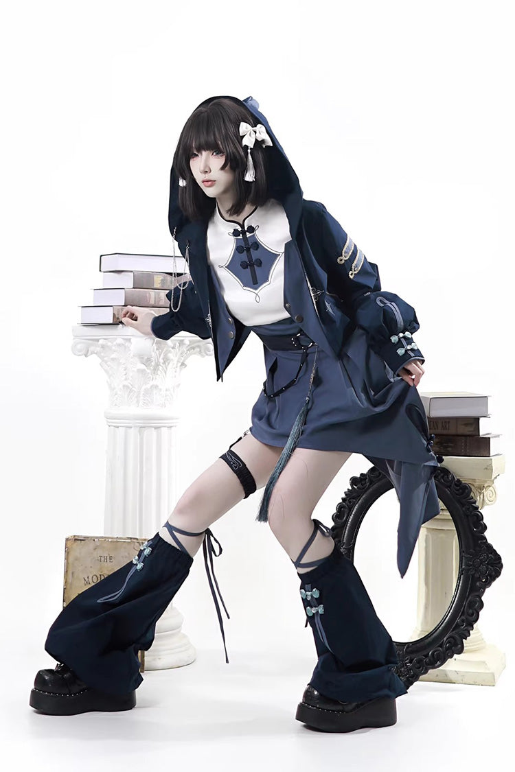 Blue [Indigo Shadow Journey] Stand Collar Long Sleeves Embroidered Hooded Asymmetric Punk Ouji Lolita Dress Four-Piece Set