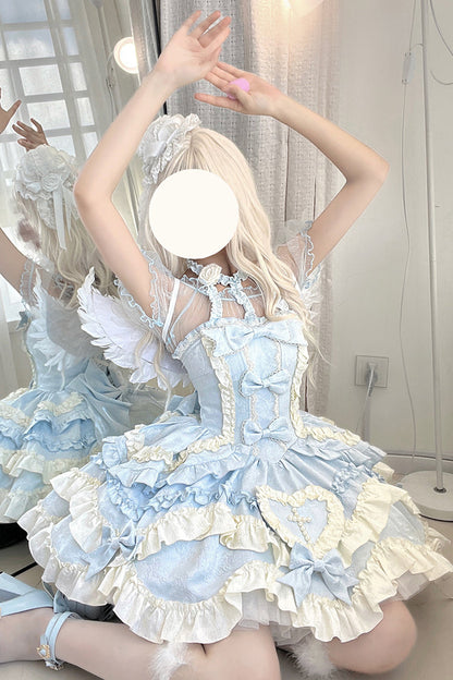 Blue [Heart of Butterfly] Halterneck Sleeveless Multi-Layered Ruffle Embroidery Princess Ballet Lolita Jsk Dress Set