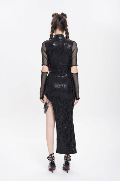 Black Stand Collar Long Sleeves Stitching Lace-Up Mesh Women's Punk Dress with Detachable Strap
