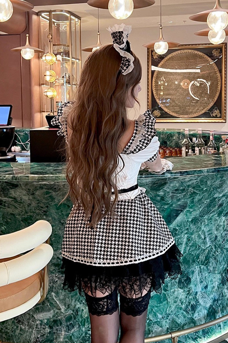 Black/White [Lovely Houndstooth] Square Collar Short Sleeves Print Ruffle Bowknot Lace Maid Sweet Lolita Dress