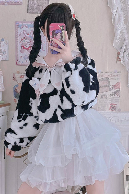 White/Black Round Collar Plush Cow Series Sweet Lolita Coat