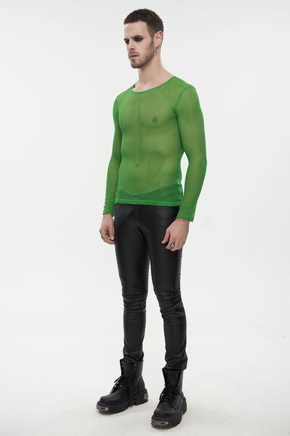 Green Elasticity High Neck Long Sleeve Mesh Men's Gothic T-Shirt