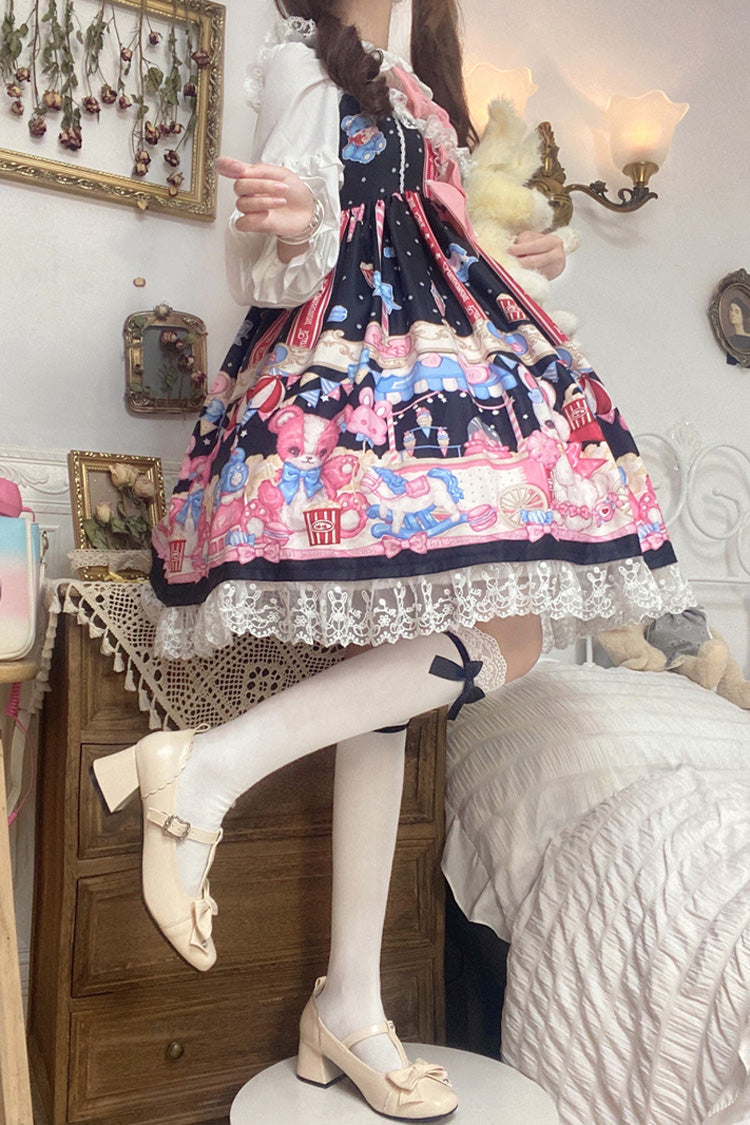 Black/Pink Doll Playground Print Ruffle Bowknot Sweet Lolita Jsk Dress
