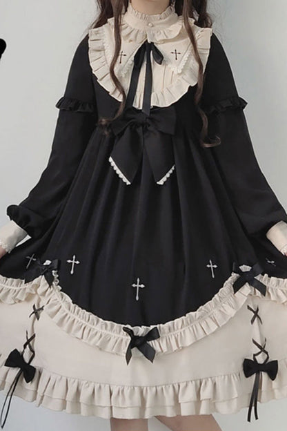Black Round Collar Chest Bow Cross Print Ruffled Sweet Lolita Op Dress