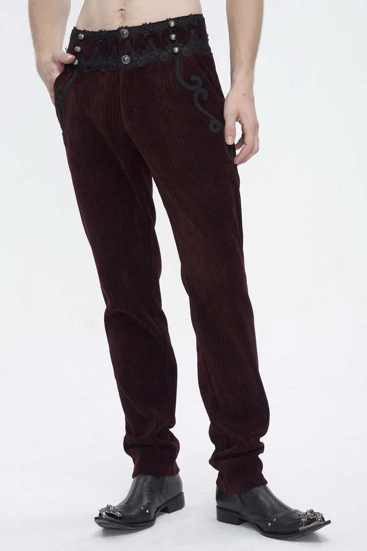 Red High Waisted Lace Splice Men's Gothic Pants