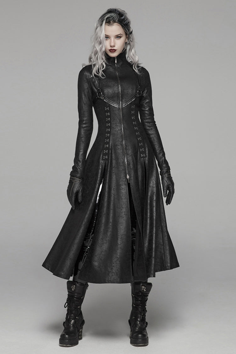 Black Stand Collar Long Sleeves Metal Ring Woven Strap Womens Gothic Long Coat