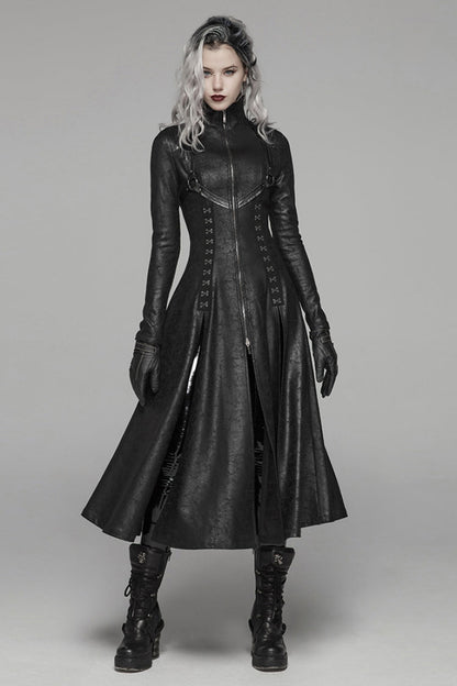 Black Stand Collar Long Sleeves Metal Ring Woven Strap Womens Gothic Long Coat