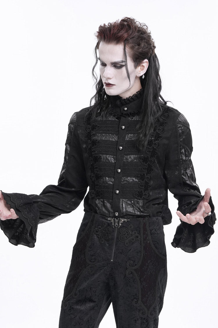 Black Stand Collar Long Sleeves Pleated Lace Crochet Men's Gothic Blouse