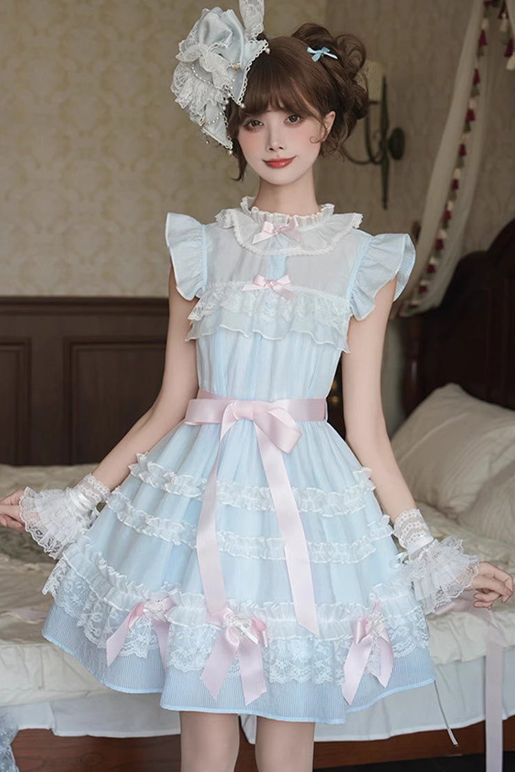 Blue [Frosted Cake] Stand Collar Sleeveless Ruffled Bow Lace Sweet Japanese Princess Lolita Tiered Dress