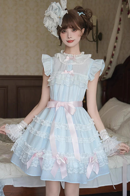 Blue [Frosted Cake] Stand Collar Sleeveless Ruffled Bow Lace Sweet Japanese Princess Lolita Tiered Dress