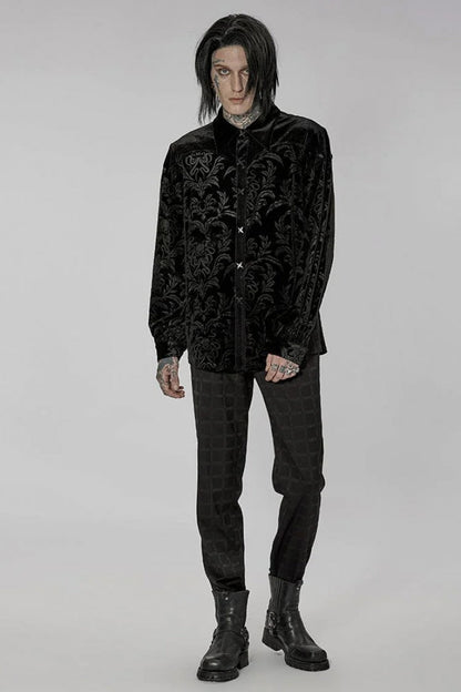 Black Stand Collar Floral Print Stitching Mens Gothic Blouse
