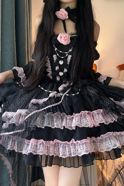 Black/Pink Galaxy Flower Language Multi-Layered Ruffle Bowknot Sweet Lolita Tube Top Dress