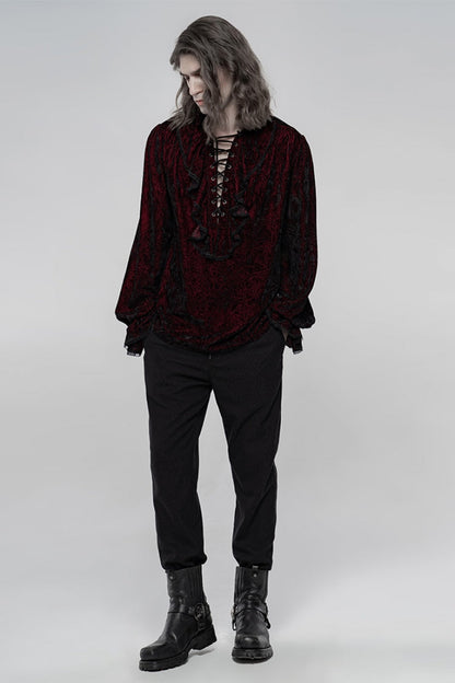 Black/Red Long Sleeves Ruffle Lace-Up Men's Gothic Blouse