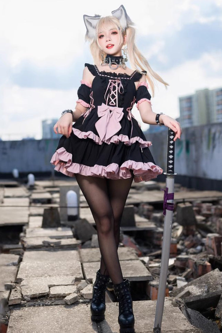 Black/Pink Sleeveless Multi-layer Ruffle Bowknot Sweet Hunt Lolita Jsk Dress