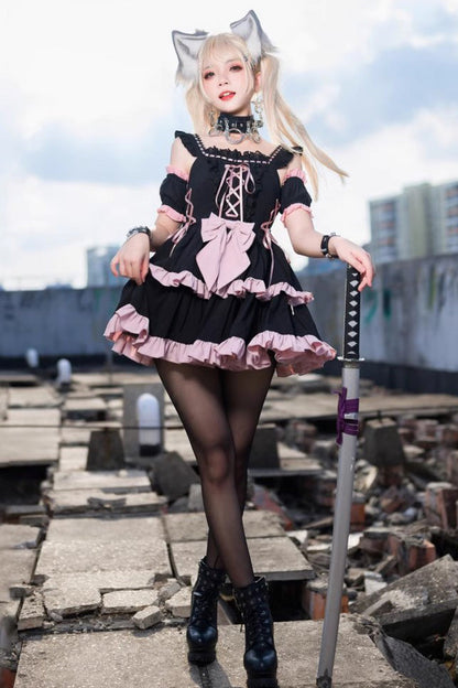 Black/Pink Sleeveless Multi-layer Ruffle Bowknot Sweet Hunt Lolita Jsk Dress