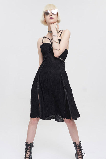 Black Punk Suspenders Slit Hem Wave Stretch Fabrics Women's Dress