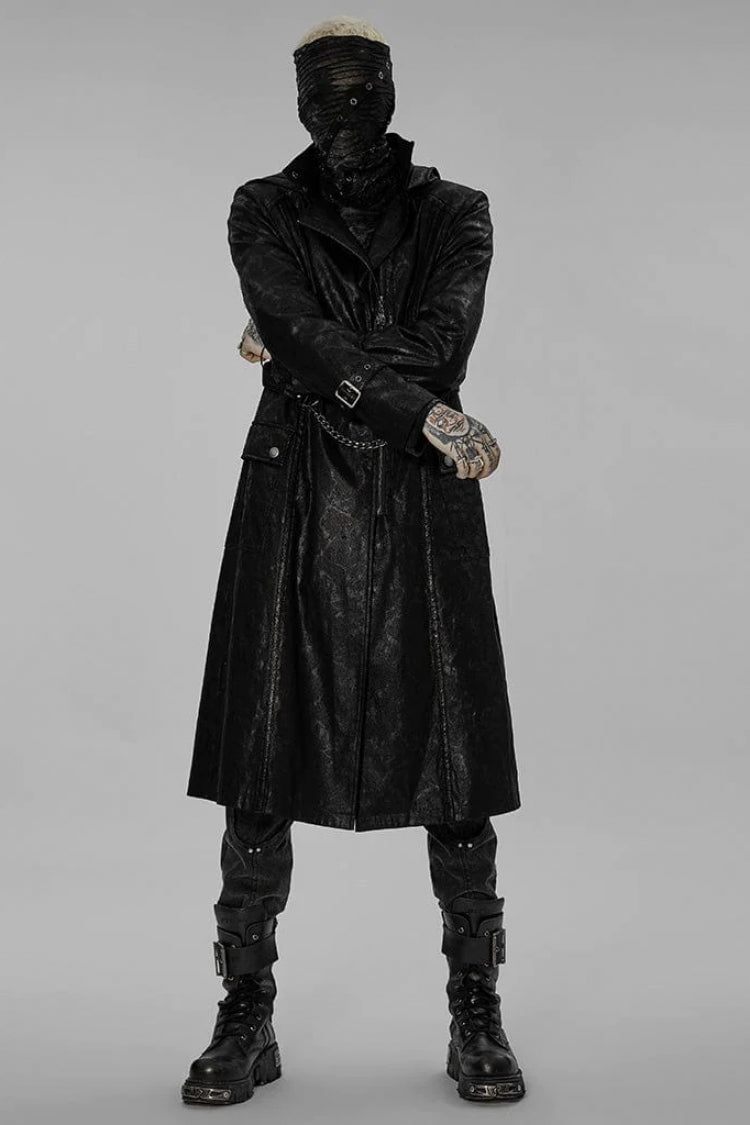 Black Stand Collar Print Asymmetric Metal Chain Zip Mens Steampunk Coat