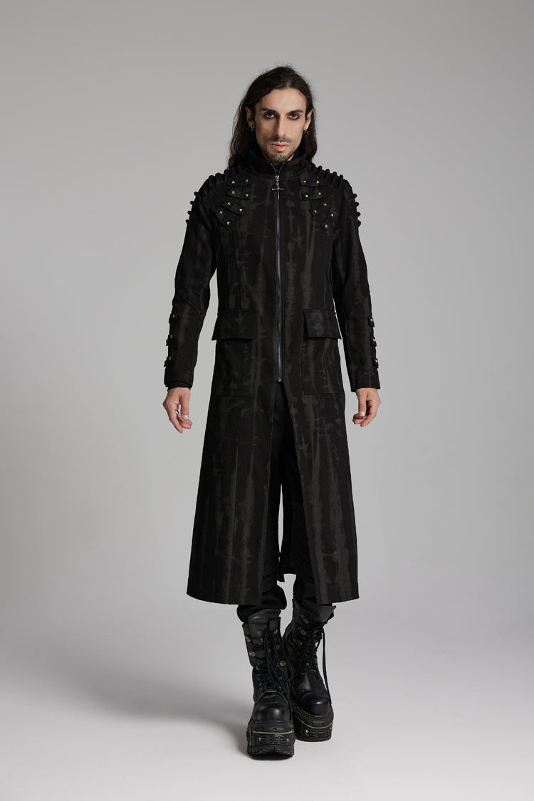 Black Stand Collar Long Sleeves Rivets Strap Zip Men's Punk Long Coat