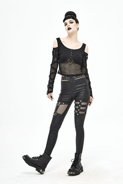 Black Sexy Mesh Spliced Off The Shoulder Long Sleeves Women Punk T-Shirt