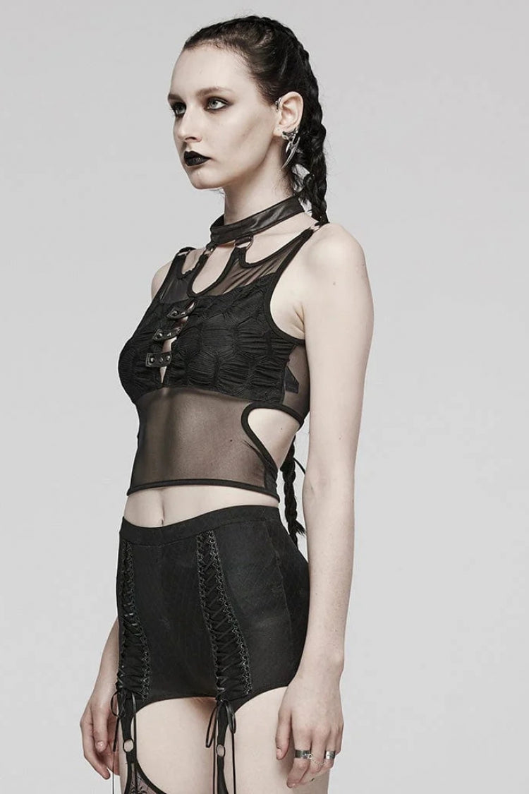 Black Sleeveless Hollow Stitching Mesh Cutout Ring Womens Steampunk Vest