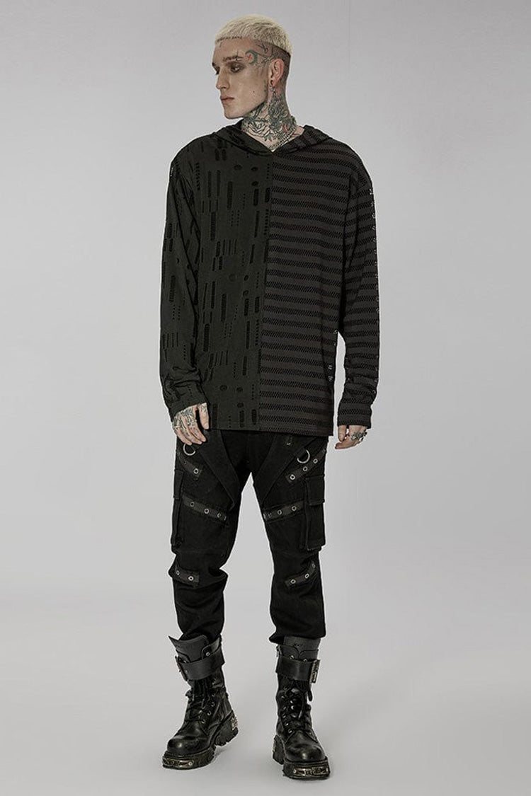 Black Punk Personality Left-Right Asymmetrical Knitted Stitching Casual Hooded Men's T-Shirt