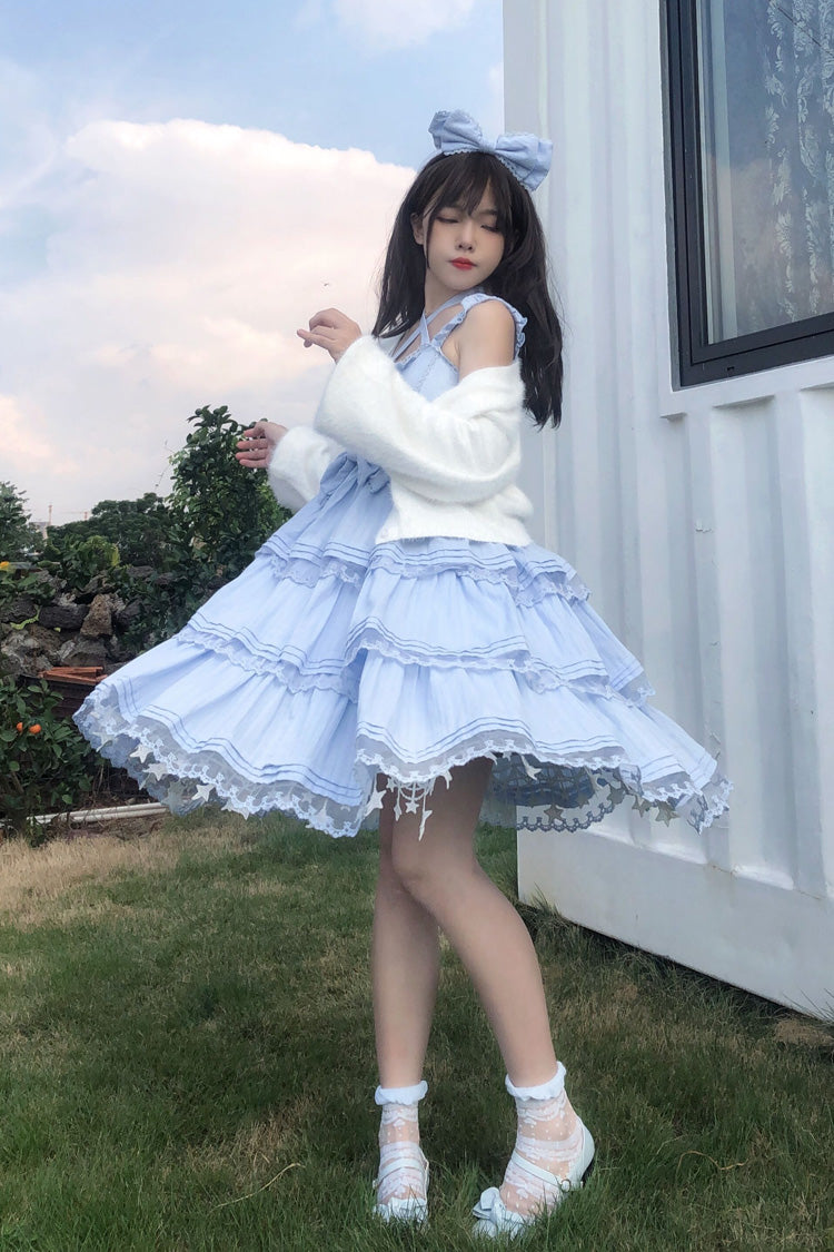 Blue First Love Triple-Layered Ruffle Bowknot Lace Sweet Lolita Jsk Dress