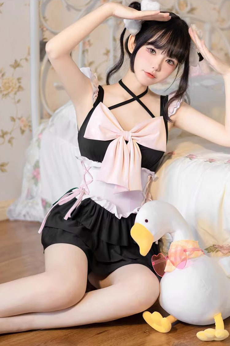Black/Pink Summer Sweetheart Triple-Layered Ruffled Bow Sweet Lolita Bubble Swimsuit