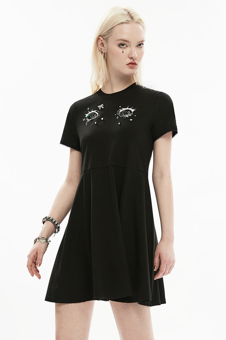 Black Short Sleeves 3D Eyes Screen Print Lace Women's Punk Dress
