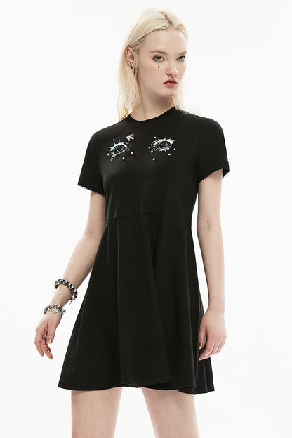 Black Short Sleeves 3D Eyes Screen Print Lace Women's Punk Dress