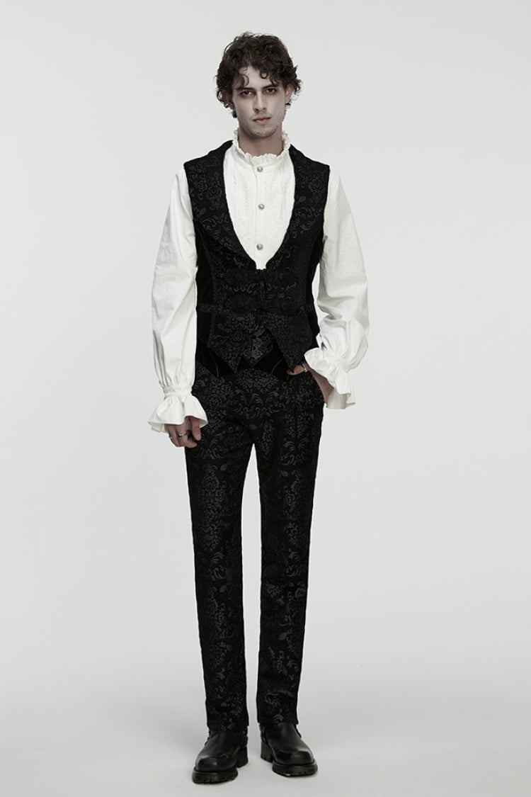 Black Sleeveless Floral Jacquard Buckled Men's Gothic Vest