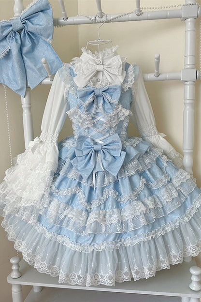 Blue [Love and Heart Flutter] Sleeveless Multi-Layered Ruffle Bowknot Lace Pearl Sweet Lolita Jsk Dress