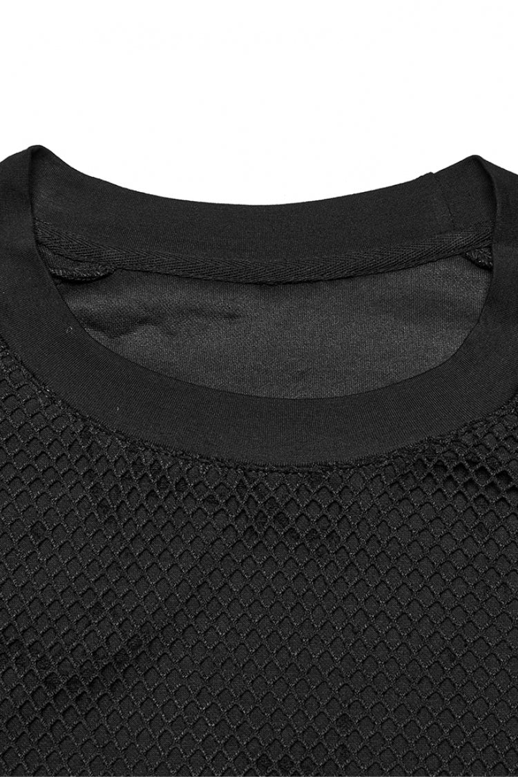 Black Round Collar Sleeveless Stitching Mesh Ripped Men's Punk Vest