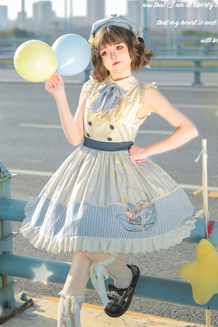 Blue/Ivory Catch The Stars Print Navy Style Sleeveless Ruffle Bowknot Sweet Lolita Dress