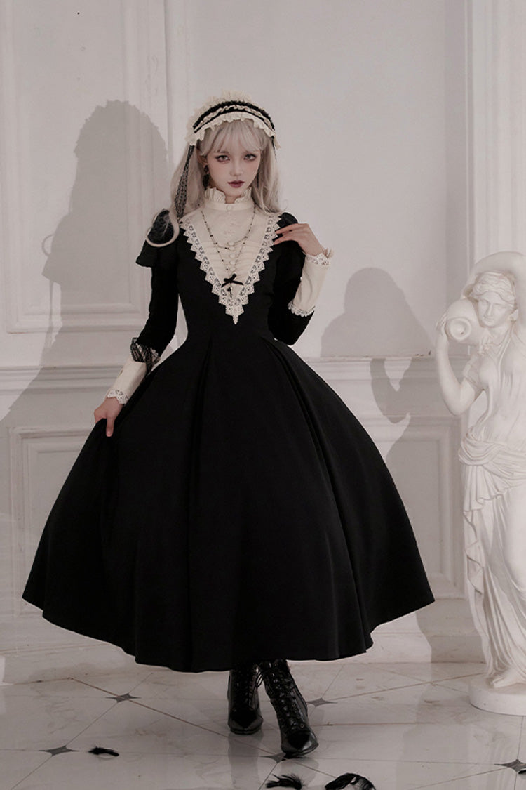 Black [Letters and Poems·Nocturne] Nun Long Sleeves Ruffle Gothic Lolita Long Dress