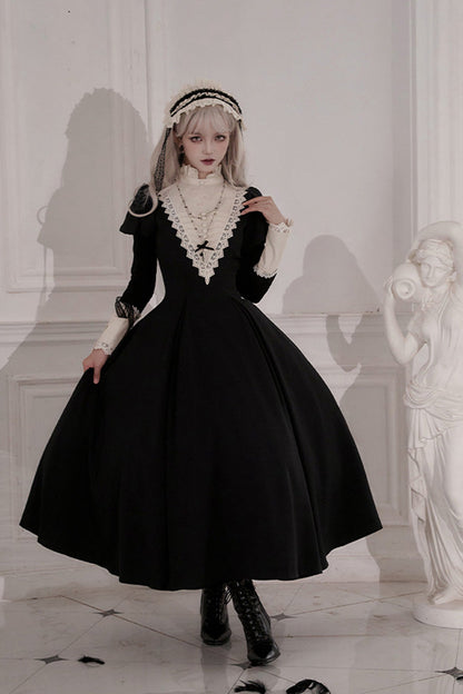 Black [Letters and Poems·Nocturne] Nun Long Sleeves Ruffle Gothic Lolita Long Dress