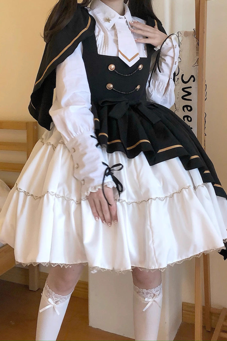 Black/White [Commander] Long Sleeves Ruffle Bowknot Irregular Sweet Lolita Dress Coat Cloak Set