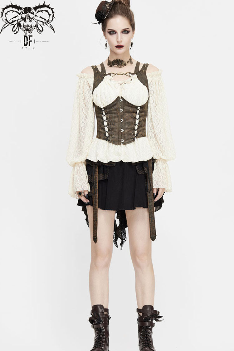 Brown Lace Up Chest Hollow Steel Buckle Rivet Strap Women's Punk Waistcoat