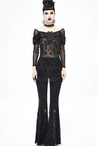 lack Gothic Off-Shoulder Front Chest Decals Bead Sleeve Beaded Tassel Webbing Flocking Print Women's Shirt