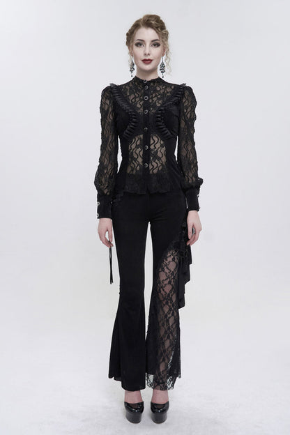 Black Velvet High Neck Lace Fake Bra Design Splicing Three-Dimensional Butterfly Mesh Women's Gothic Shirt