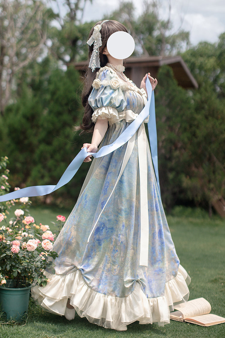 Blue [Oil Painting Sun and Moon Poem] Short Sleeves Print Ruffle Bowknot Sweet Princess Lolita Dress
