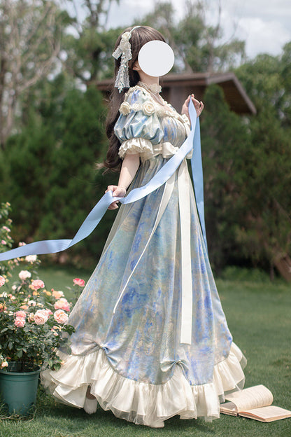 Blue [Oil Painting Sun and Moon Poem] Short Sleeves Print Ruffle Bowknot Sweet Princess Lolita Dress