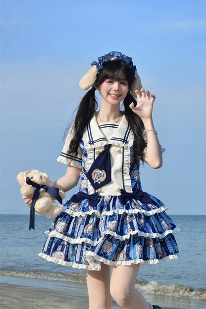 Blue [Glory of the Dog] Navy Collar Short Sleeves Low Waisted Triple-Layered Printed Ruffled Bow Sweet Lolita Dress